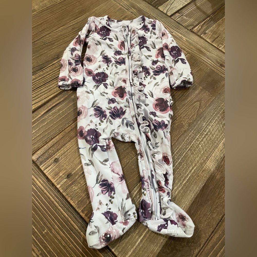 Caden Lane purple floral ruffle bottom footed sleeper